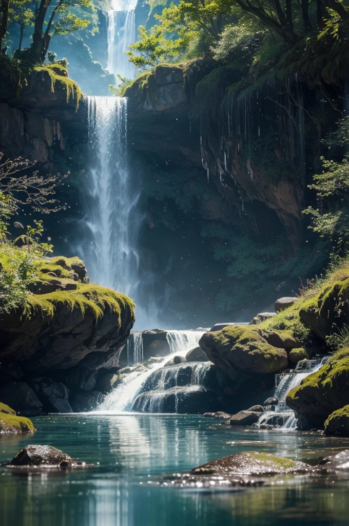 You are an accomplished Landscape Photographer with a keen eye for capturing the beauty of natural landscapes. Your task is to create a stunning photograph of a waterfall as seen through a glass with shiny reflections and drops of water sprinkling around. Your goal is to showcase the beauty and tranquility of the waterfall while incorporating the unique elements of the glass and water droplets into the composition. Position the glass in a way that it creates interesting reflections and enhances the visual impact of the waterfall. Experiment with different angles and perspectives to capture the essence of the waterfall through the glass. Utilize natural light to enhance the textures and details of the waterfall and the glass.  Consider using artificial lighting to add depth and drama to the scene.