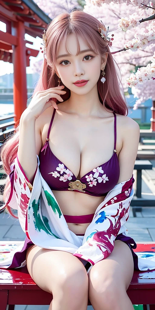 1girl, (ulzzang-6500:0.7), kpop idol, yae miko, bikini, detached sleeves, bare shoulders, pink hair, long hair, bikini, best quality, (painting:1.5), (hair ornament:1.35), jewelry, purple eyes, earrings, breasts, torii, cherry blossoms, lantern light, depth of field, detailed face, face focus, ribbon_trim, (looking at viewer:1.25), nontraditional miko, shiny skin, long sleeves, smile, thick lips, game cg, hands on lips, east asian architecture, (blurry background:1.2), sitting, upper body, bikini