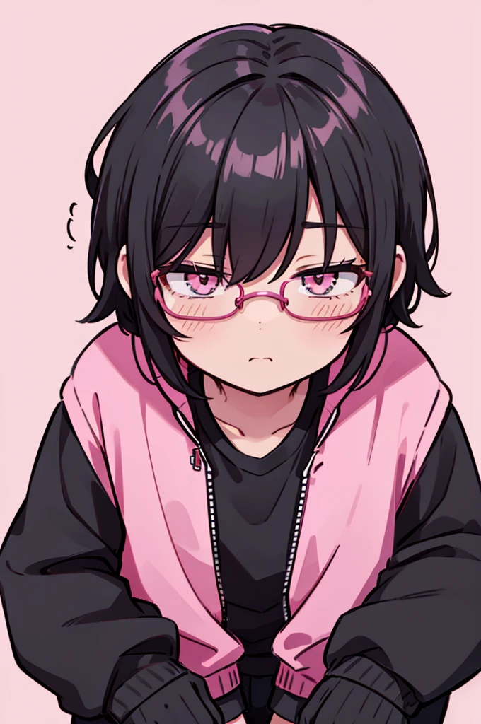 black pants, Sharp image, man, Black hair with pink ends, wearing a pink jacket. , has a dull, bored face, wears round glasses, has short, neat hair,