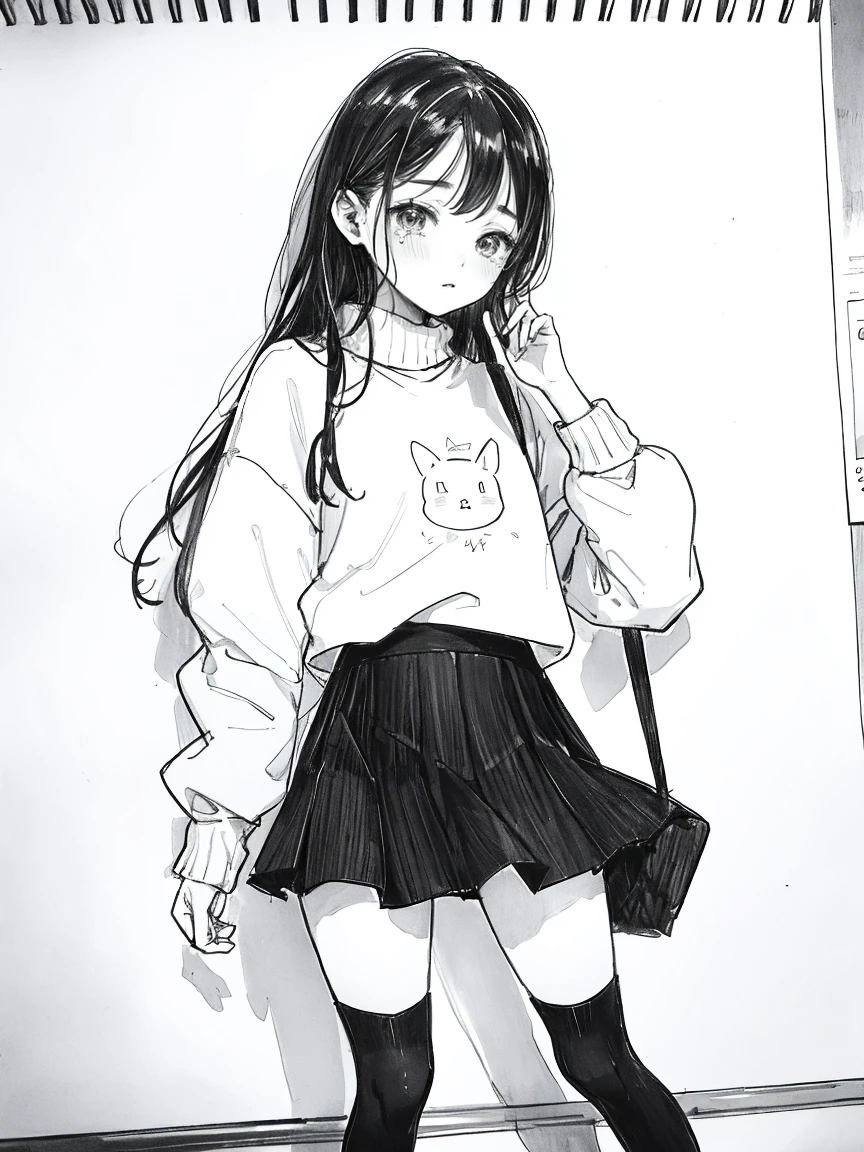 One Girl,Line art,Monochrome,sketch,Pencil drawing,Traditional Media,One Girl, Upper body,She's in trouble,pattern,sweater, ,Delicate body、mini skirt、black tights、Open leg pose、, Long sleeve, With legs apart, alone、(Cute Teenage Girl, alone),Be portrait、Respect、Crying face、Seeking help、Black-haired、