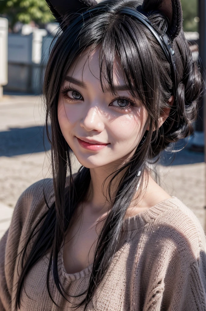 black hair, hair bobbles, wince, longeyelashes, solid circle eyes, fake animal ears, light smile, ear blush, fang, ccurate, Surrealism, drop shadow, anaglyph, stereogram, tachi-e, pov, atmospheric perspective, 8k, super detail, best quality