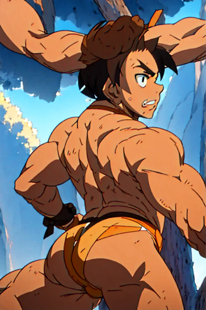 Muscular young man in transparent string thong, large lump, big chest, Big Butt, muscular abdomen, looking back like that, on the beach