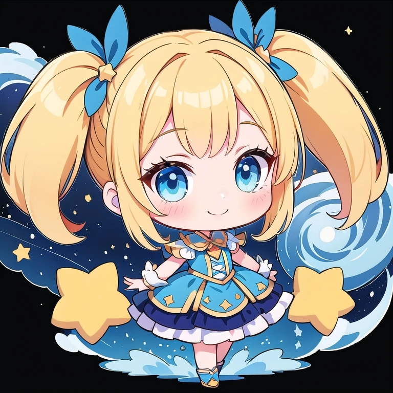 ((Highest quality)), ((masterpiece)), (detailed), Perfect Face, Perfect Arms, anime, Ultra-fine illustration, ((Chibi Character)), ((1 person)), Cute girl, Blonde medium hair, Twin tails, Blue Eyes, (Smile:1.3),
ヘアaccessories, accessories, ((star)), ((universe)), Fantasy, Full Body Shot,