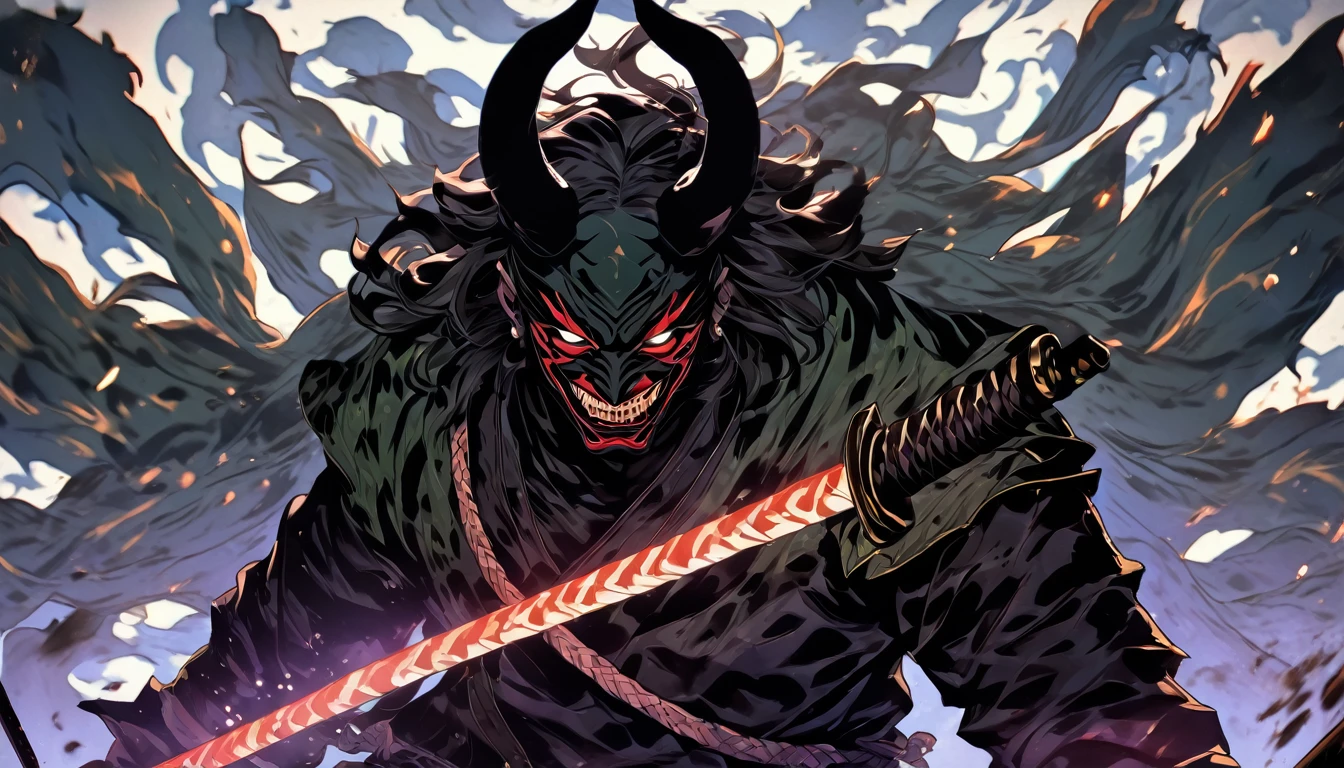 demon mask, sword on the hand,close up, black heavy detailed clothes, hand katana, art, dark and malevolent, hand sword, armor, powerful and intimidating, (masterpiece, best quality, ultra-detailed, best shadow), (detailed background, dark fantasy) dramatic light, intricate details, dark and malevolent, powerful and intimidating, Dark and foreboding, malevolent force, sinister and chilling, armor, high detailed background, girl in demon slayer art, demon slayer art style, epic anime art, God death