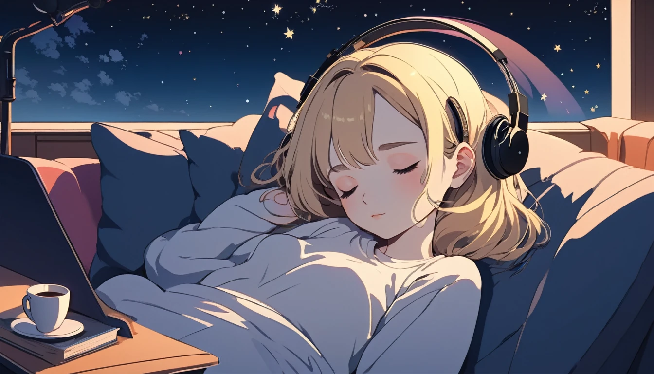 A woman wearing headphones is sleeping comfortably on a sofa at night, Wide-angle lens, Lofi Anime, Lofi illustration, Aesthetic atmosphere, Lo-Fi Style, Vector art, Flat Design, Simple shape, Warm tones, Pleasant atmosphere, Chill, In anime style, Digital drawing, Vector art, Vector logo for t-shirt printing, (Adorable:1.5), (small:1.4), (Playful:1.2), (soft:1.3), (Whimsical:1.1), masterpiece, Highest quality, 8K, Intricate details, grow, Celestial, Mysterious, Picturesque, amazing, Majestic, Magic, Fantasy art, Cover art, dream-like