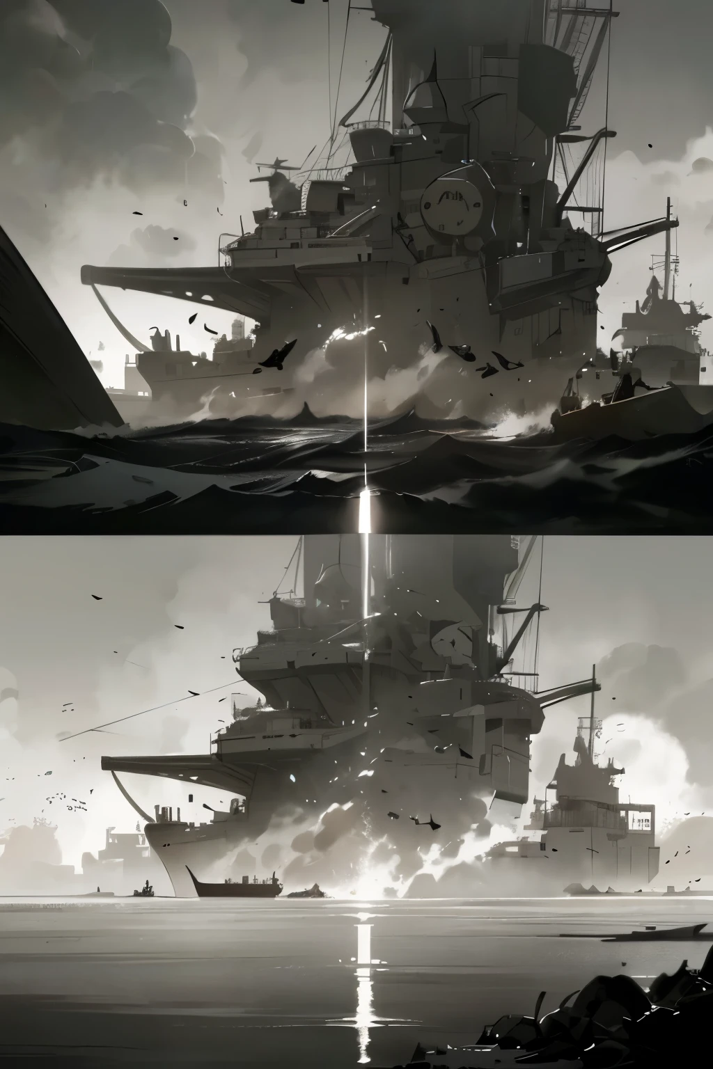 An epic montage unfolds in a 9:16 aspect ratio, reminiscent of the silver screen. The stage is set with the gritty, raw reality of World War II, depicted in black and white with a warm sepia tint. Thousands of soldiers march in unison, their faces stern, their steps disciplined. Tanks roll across countryside, their metal bodies gleaming under the sun. In the sky, planes form majestic formations, flying with precision and power. Battleships sit proudly at sea, their cannons pointing ominously towards the horizon. The montage culminates in the chaotic, smoke-filled scenes of battles, where the brutal clashing of