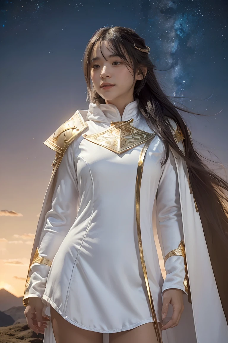 ((masterpiece, best quality, extremely detailed), volumetric lighting, ambient occlusion, colorful, glowing), 1girl, solo, young girl, (dark hair), long hair, ranger suit, hunter class dnd, cloak, (white outfit with gold detailst:1.3), armor, outdoors, sunset, sky, clouds, space, (fantasy theme:1.2),