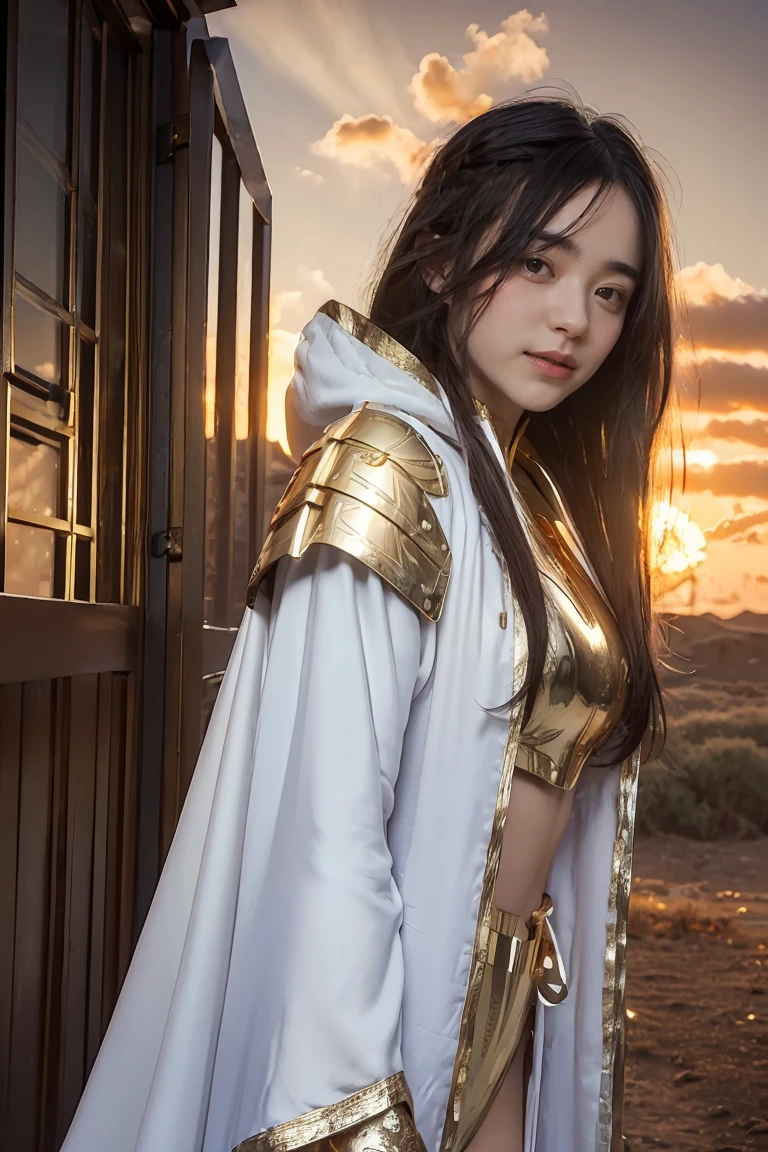 ((masterpiece, best quality, extremely detailed), volumetric lighting, ambient occlusion, colorful, glowing), 1girl, solo, young girl, (dark hair), long hair, ranger suit, hunter class dnd, cloak, (white outfit with gold detailst:1.3), armor, outdoors, sunset, sky, clouds, space, (fantasy theme:1.2),