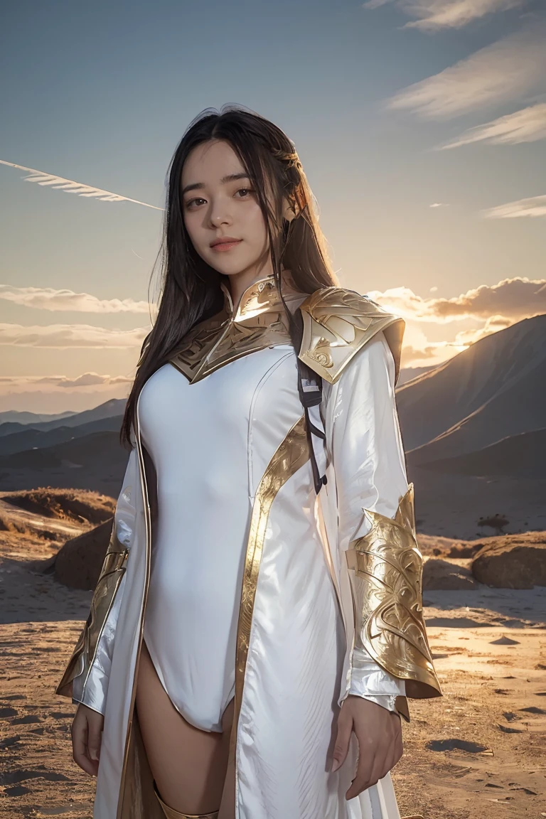 ((masterpiece, best quality, extremely detailed), volumetric lighting, ambient occlusion, colorful, glowing), 1girl, solo, young girl, (dark hair), long hair, ranger suit, hunter class dnd, cloak, (white outfit with gold detailst:1.3), armor, outdoors, sunset, sky, clouds, space, (fantasy theme:1.2),