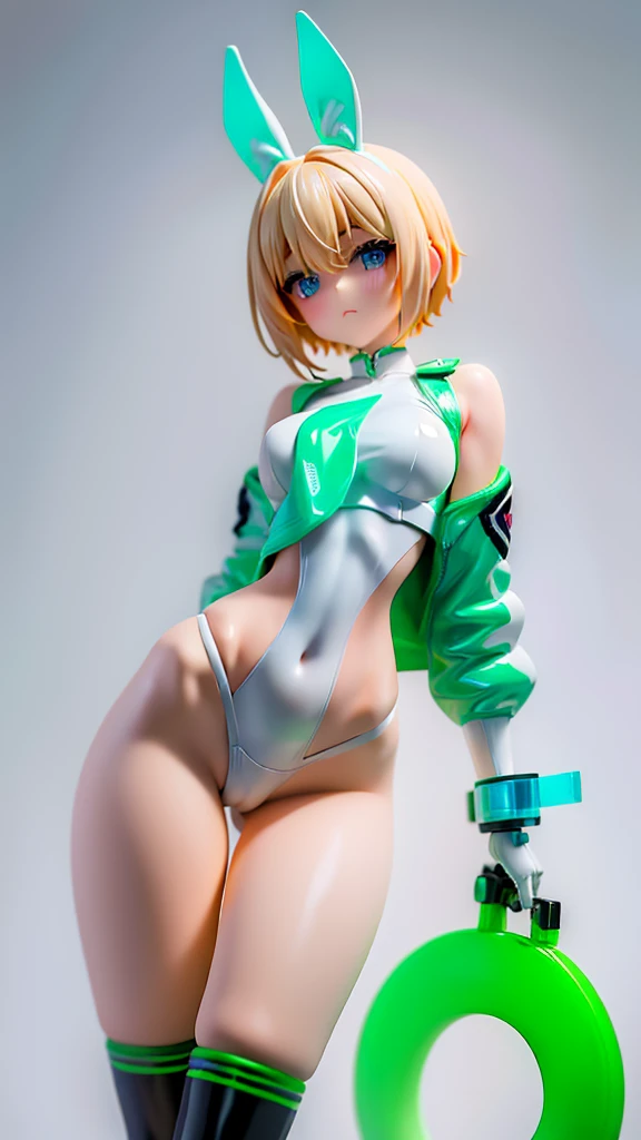 1girl, solo, white background, wattson, masterpiece, highly detailed, blue eyes, blonde hair, short hair, Fluorescent green jacket, Rubber Gloss, white rubber skinsuit, Yellow skateboard shoes, white pants, blush, plain background, back turned