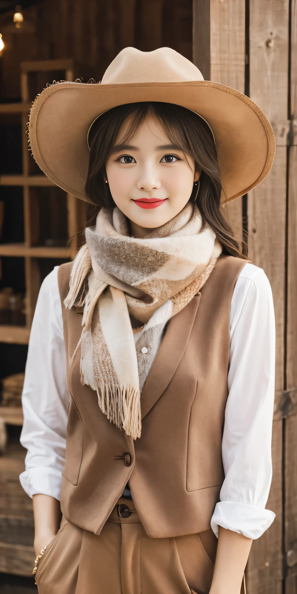 portrait of beautiful women in muddy farm:1.2 , cowboy hat, fringed waistcoat , trousers, scarf , confidence , medium breast,