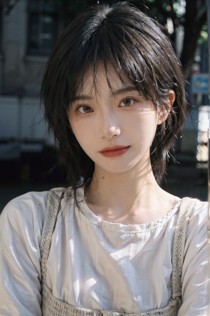 (Skin details:1.4), (smooth skin textures:1.3), Lipstick, background, Direct vision, earrings, serene, calm, (Realistic and detailed eyes:1.2), Natural skin texture, Realistic facial details, Soft dramatic lighting, Vivid details, 35 mm film, outdoor, (Photo Practical:1.4), (hyper Practical:1.4), (Practical:1.3), (Smoother lighting:1.05), (Improve lighting quality:0.9), (Highest quality real skin textures:1.4), Exquisite eyes, Delicate face, Close-up of face, (Enhance the beauty of skin texture:1.1), Hair details, Vest,normal body ratio, short hair, Moles under the eyes, thinking, A faint smile,公园background,Portrait Photography, Depth of Field, Bokeh, Surrealism, Ray Tracing, (Portrait Photography:1.1), Surrealism, High Detail, Chiaroscuro, Ray Tracing, reflected light, Ultra HD, Ultra HD, masterpiece, Textured Skin, Super Detail, High Detail, high quality, best quality