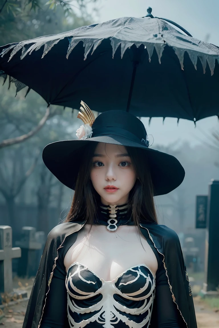 arafed woman in a skeleton costume with a hat on her head, hone onna skeleton geisha, skeleton girl, xue han, goddess of death, goddess of death in a graveyard, inspired by Xie Huan, eerie art style, saint skeleton queen, lulu chen, halloween art style, jingna zhang, wenfei ye, 2 d cg