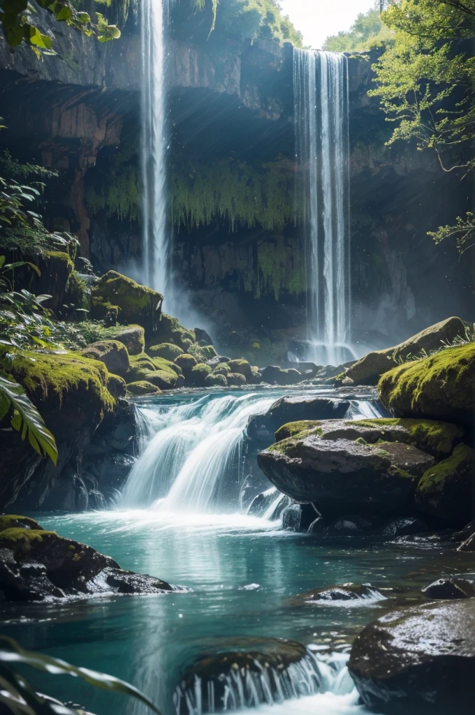 You are an accomplished Landscape Photographer with a keen eye for capturing the beauty of natural landscapes. Your task is to create a stunning photograph of a waterfall as seen through a glass with shiny reflections and drops of water sprinkling around. Your goal is to showcase the beauty and tranquility of the waterfall while incorporating the unique elements of the glass and water droplets into the composition. Position the glass in a way that it creates interesting reflections and enhances the visual impact of the waterfall. Experiment with different angles and perspectives to capture the essence of the waterfall through the glass. Utilize natural light to enhance the textures and details of the waterfall and the glass. Consider using artificial lighting to add depth and drama to the scene.