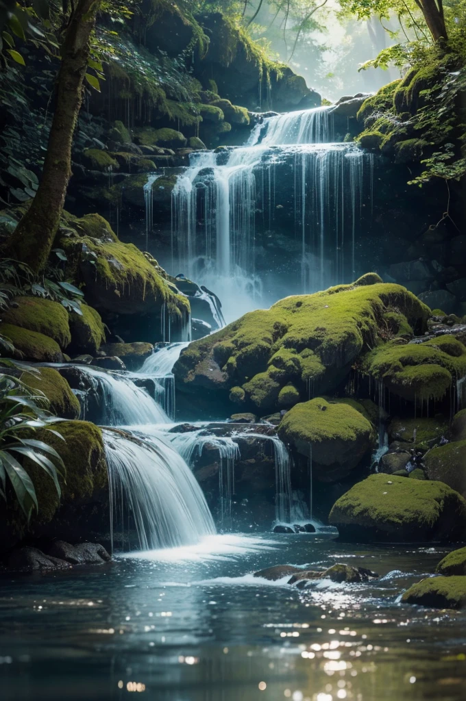 You are an accomplished Landscape Photographer with a keen eye for capturing the beauty of natural landscapes. Your task is to create a stunning photograph of a waterfall as seen through a glass with shiny reflections and drops of water sprinkling around. Your goal is to showcase the beauty and tranquility of the waterfall while incorporating the unique elements of the glass and water droplets into the composition. Position the glass in a way that it creates interesting reflections and enhances the visual impact of the waterfall. Experiment with different angles and perspectives to capture the essence of the waterfall through the glass. Utilize natural light to enhance the textures and details of the waterfall and the glass. Consider using artificial lighting to add depth and drama to the scene.