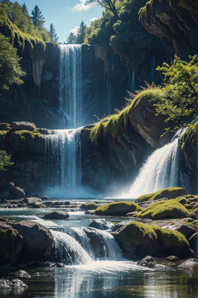 You are an accomplished Landscape Photographer with a keen eye for capturing the beauty of natural landscapes. Your task is to create a stunning photograph of a waterfall as seen through a glass with shiny reflections and drops of water sprinkling around. Your goal is to showcase the beauty and tranquility of the waterfall while incorporating the unique elements of the glass and water droplets into the composition. Position the glass in a way that it creates interesting reflections and enhances the visual impact of the waterfall. Experiment with different angles and perspectives to capture the essence of the waterfall through the glass. Utilize natural light to enhance the textures and details of the waterfall and the glass. Consider using artificial lighting to add depth and drama to the scene.