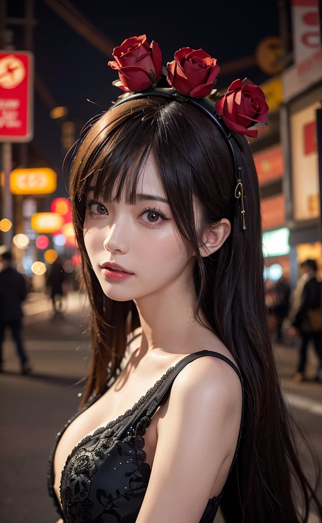 1girl, Tokyo street,night, cityscape,city lights, upper body,close-up, 8k, RAW photo, best quality, masterpiece,realistic, photo-realistic,headgear of red rose, parted bangs, long hair,