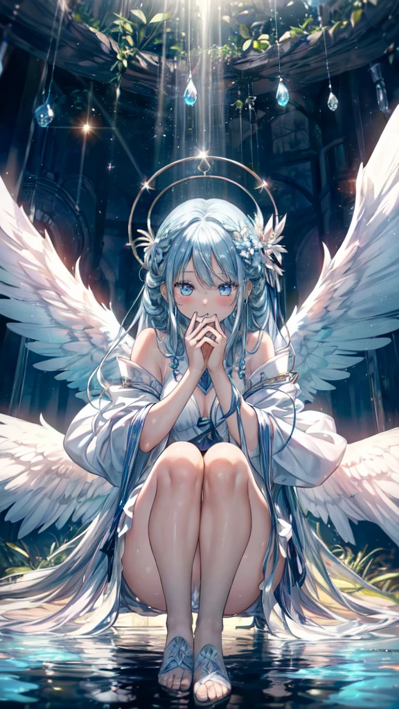 ((masterpiece, sidelighting, finely detailed beautiful eyes: 1.2)), ultra-detailed, ultra high res, professional lighting, high quality makeup, beautiful detailed eyes, sexy, beautiful, big eyes, (drooping eye:1.2), 1girl, solo, alone, slender body, (Circle of Angels:1.1), (Angel Wings:1.1), blue sapphire eyes, wide sleeves, outdoors, forest, full body, highest quality, ultra detailed, Soft light, (rime:1.3), Extremely cute, (extremely detailed beautiful face), Authentic skin texture, beautiful hair, beautiful face, beautiful eyes, beautiful body, beautiful hands