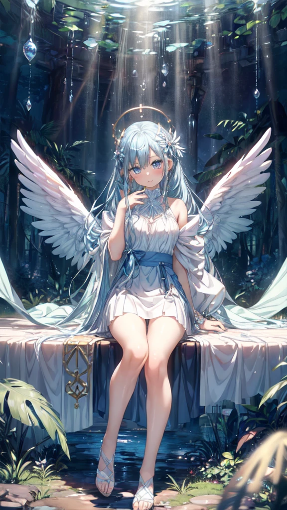 ((masterpiece, sidelighting, finely detailed beautiful eyes: 1.2)), ultra-detailed, ultra high res, professional lighting, high quality makeup, beautiful detailed eyes, sexy, beautiful, big eyes, (drooping eye:1.2), 1girl, solo, alone, slender body, (Circle of Angels:1.1), (Angel Wings:1.1), blue sapphire eyes, wide sleeves, outdoors, forest, full body, highest quality, ultra detailed, Soft light, (rime:1.3), Extremely cute, (extremely detailed beautiful face), Authentic skin texture, beautiful hair, beautiful face, beautiful eyes, beautiful body, beautiful hands