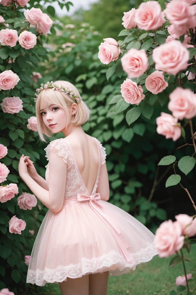 8K, RAW Photos, Fujifilm, Avril-like style photo of a beautiful young woman in a garden of pale pink roses (Highly detailed skin: 1.2) Style Petal Break Short Hair, Blonde and colored hair, Wearing a dress, Film Granulation, 35mm, Cute Style