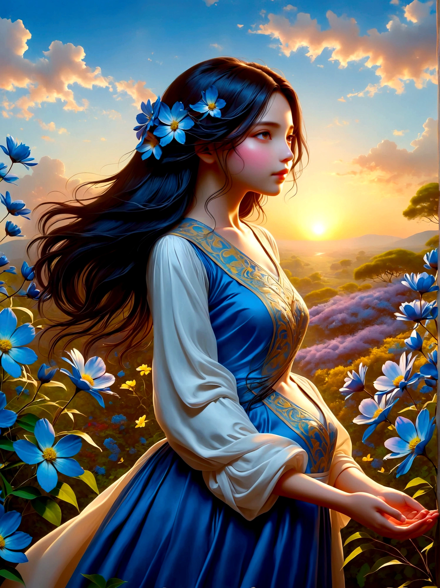 (Dawn sunrise time:1.6),In the fragrant garden, The blind girl stood there,Open your arms, Gently touch the petals she encounters, Connect with nature and sweet blue flowers, The individual stands tall in awe and wonder under the expansive sky, their silhouette a stark contrast against the vibrantly colored morning light, They are in a deep state of contemplation, the serene atmosphere around them speaks of tranquility and solitude, The perspective is from a wide-angle view emphasizing the immense scope of the breathtaking landscape filled with natural elements, The image should evoke a sense of drama and magnitude with the effective use of light and shade.