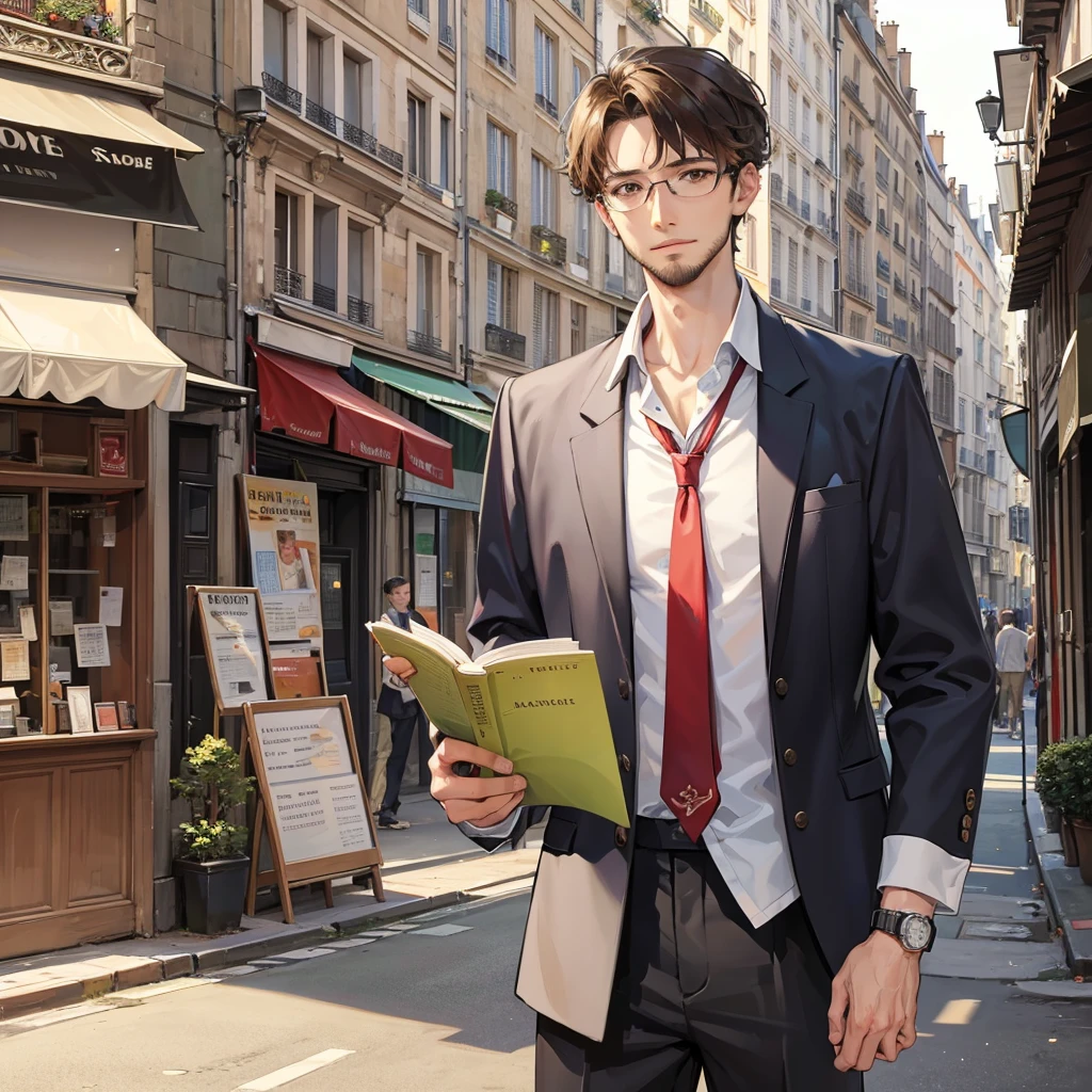 An image suitable for the cover of a book showing a boy teacher with glasses reading a book in the streets of Paris, wearing a shirt and trousers, his hair curly and beardless. 