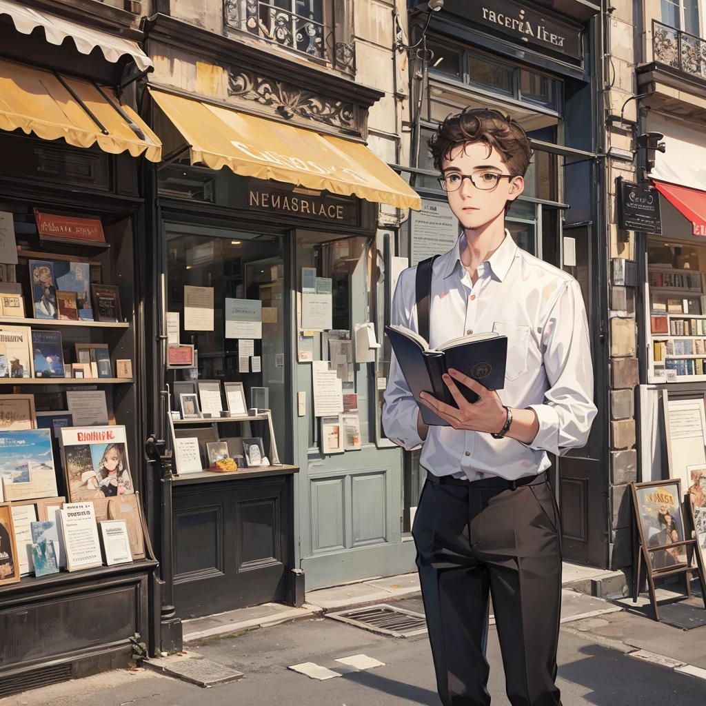 An image suitable for the cover of a book showing a boy teacher with glasses reading a book in the streets of Paris, wearing a shirt and trousers, his hair curly and beardless.