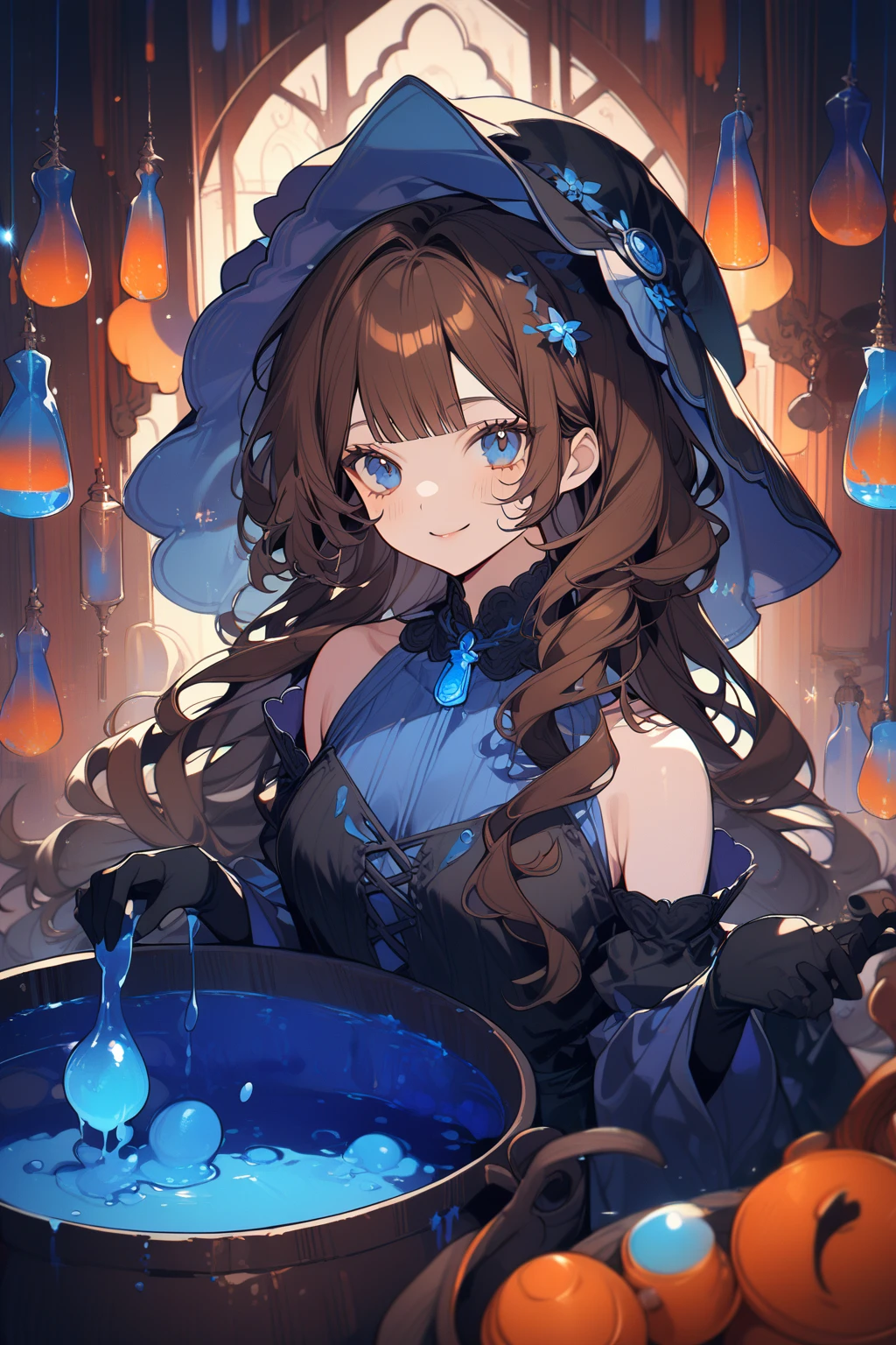 1 girl, CuteStyle, upper body, blue eyes, brown hair, long hair with bangs, witch hat, witch costume, bare shoulders, separate sleeves, neckline, neckline, black gloves, short black mini dress, black stockings, bulging skin from stockings, looks at the viewer, sly smile, sly look, indoors, a cauldron with blue liquid, a lot of flasks, orange-blue lighting, dark, specks of dust flying in the air, detailed, beautiful, delicate tones