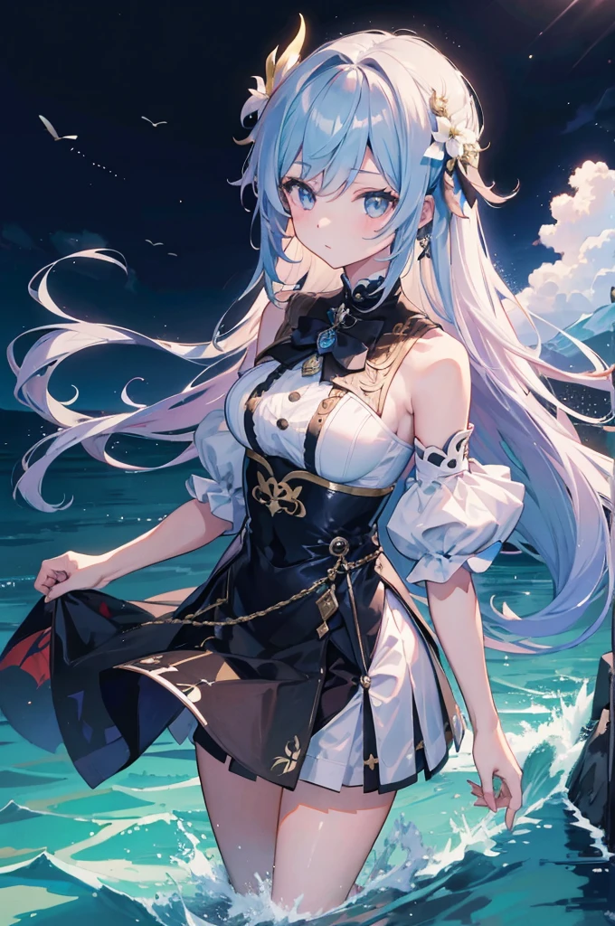masterpiece,Highest quality,One girl,sinking river_\(Genshin Impact_Impact\),alone,length_hair,chest,hair_that&#39;s all_One_eye,dress,hair_ornament,black_dress,lanthanum,前hair,Chinese_Clothes,Earrings,jewelry,green_eyes,