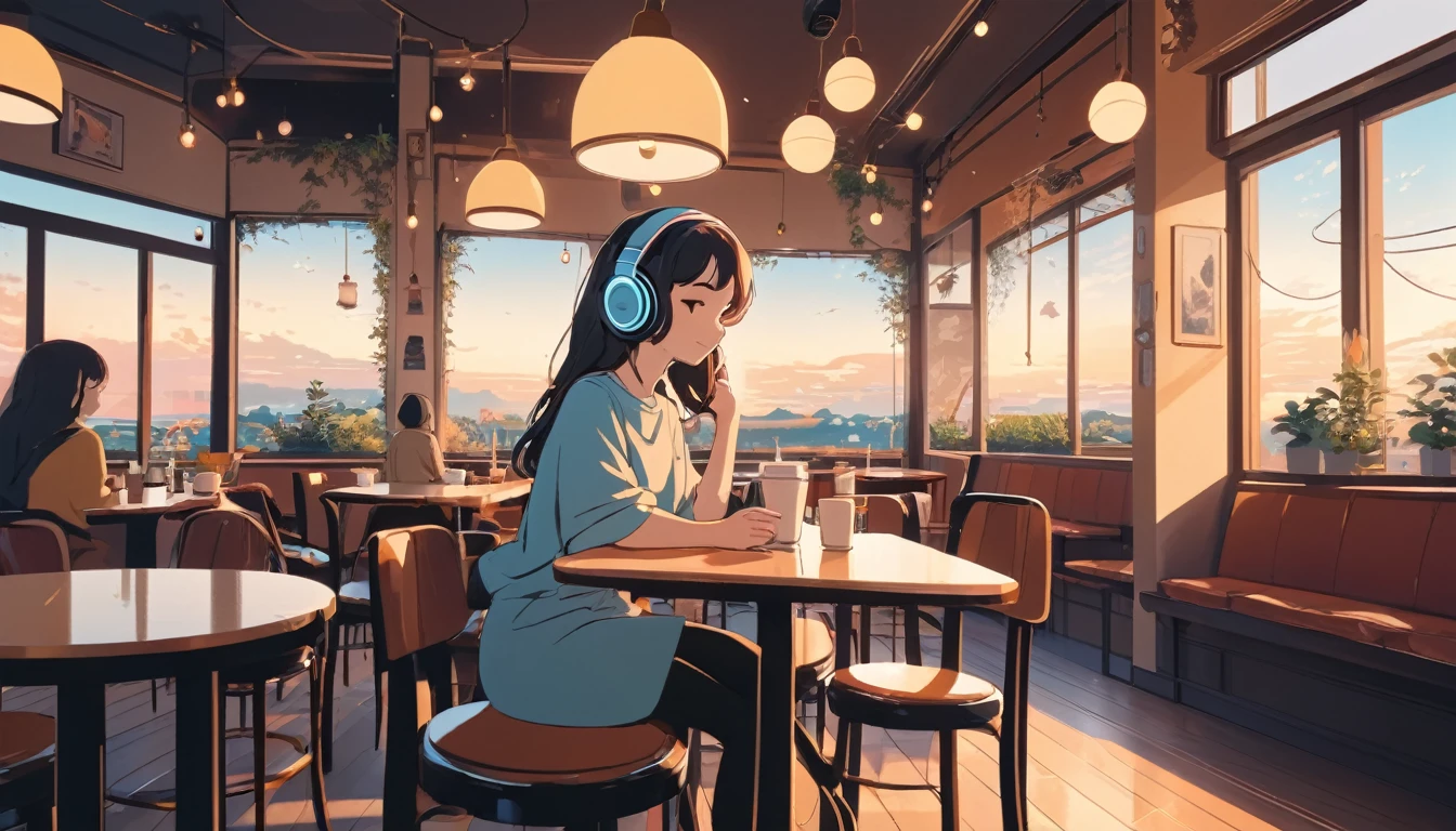 Woman listening to music in a cafe、, Wide-angle lens, Lofi Anime, Lofi illustration, Aesthetic atmosphere, Lo-Fi Style, Vector art, Flat Design, Simple shape, Warm tones, Pleasant atmosphere, Chill, In anime style, Digital drawing, Vector art, Vector logo for t-shirt printing, (Adorable:1.5), (small:1.4), (Playful:1.2), (soft:1.3), (Whimsical:1.1), masterpiece, Highest quality, 8K, Intricate details, grow, Celestial, Mysterious, Picturesque, amazing, Majestic, Magic, Fantasy art, Cover art, dream-like