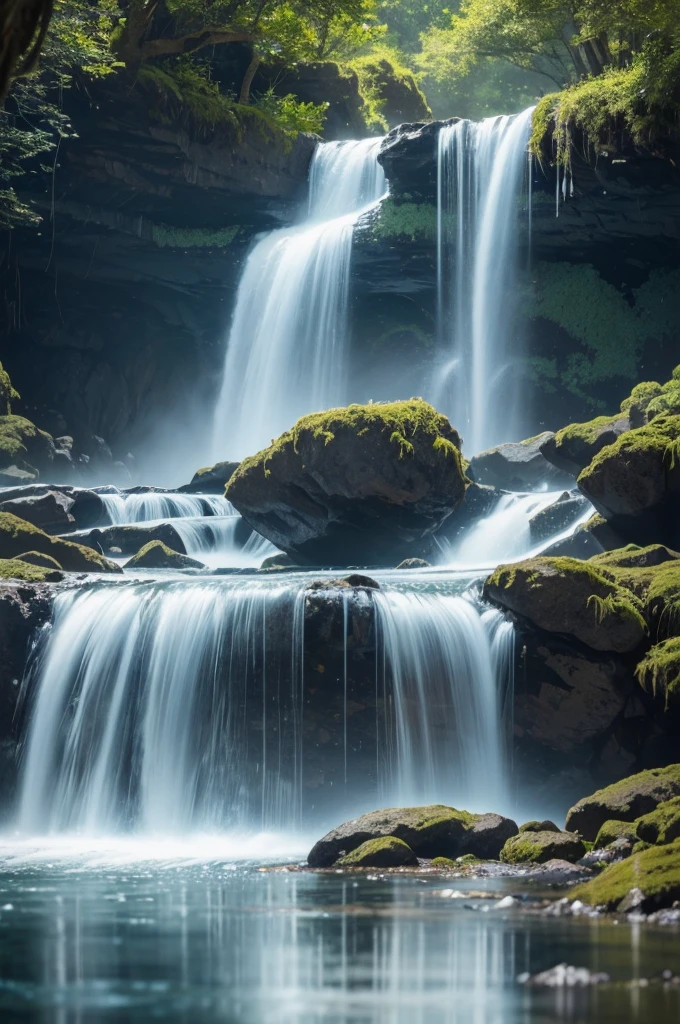 You are an accomplished Landscape Photographer with a keen eye for capturing the beauty of natural landscapes. Your task is to create a stunning photograph of a waterfall as seen through a glass with shiny reflections and drops of water sprinkling around. Your goal is to showcase the beauty and tranquility of the waterfall while incorporating the unique elements of the glass and water droplets into the composition. Position the glass in a way that it creates interesting reflections and enhances the visual impact of the waterfall. Experiment with different angles and perspectives to capture the essence of the waterfall through the glass. Utilize natural light to enhance the textures and details of the waterfall and the glass. Consider using artificial lighting to add depth and drama to the scene.