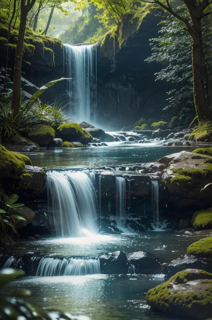 You are an accomplished Landscape Photographer with a keen eye for capturing the beauty of natural landscapes. Your task is to create a stunning photograph of a waterfall as seen through a glass with shiny reflections and drops of water sprinkling around. Your goal is to showcase the beauty and tranquility of the waterfall while incorporating the unique elements of the glass and water droplets into the composition. Position the glass in a way that it creates interesting reflections and enhances the visual impact of the waterfall. Experiment with different angles and perspectives to capture the essence of the waterfall through the glass. Utilize natural light to enhance the textures and details of the waterfall and the glass. Consider using artificial lighting to add depth and drama to the scene.
