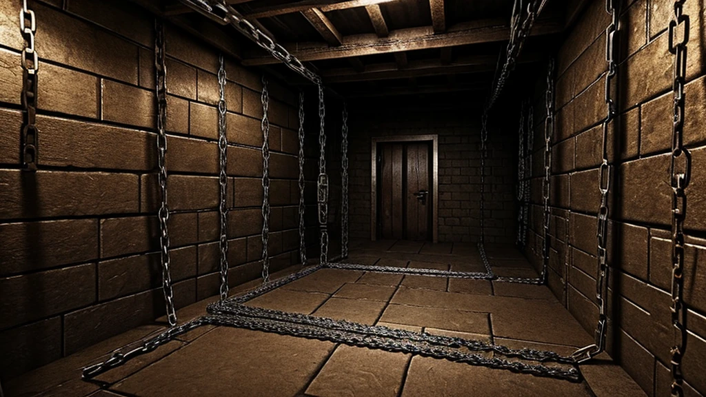 labyrinth, (Many chains: 1.3), bondage, (Fatigue: 1.2), dungeon, torture room inhuman, desolate environment, torture materials