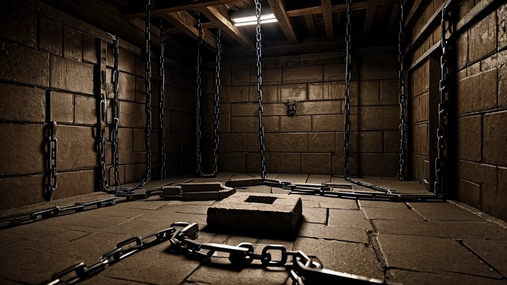 labyrinth, (Many chains: 1.3), bondage, (Fatigue: 1.2), dungeon, torture room inhuman, desolate environment, torture materials