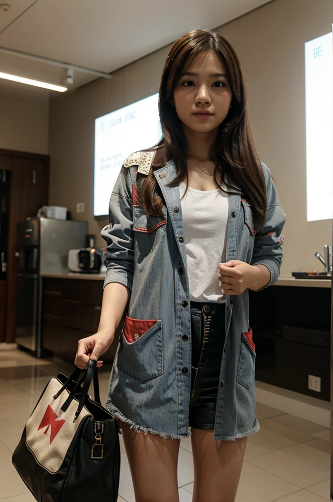 A girl puts her hands on her head，Wear low-rise jeans，Doubtful movements，tender and smooth skin，Smooth skin。closeup cleavage，Close-up。