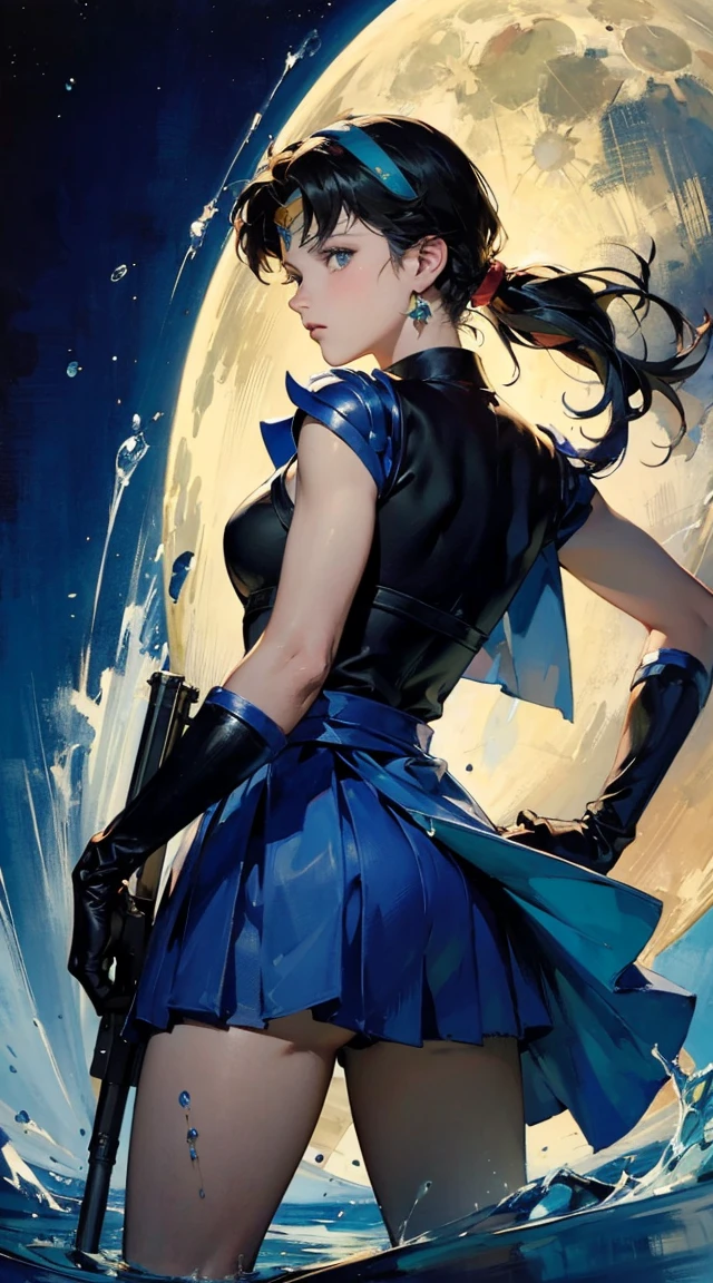 the sailor moon, Sailor Moon style, Beautiful, moon princess, blond-haired princess, portrait of magical girl, (from behind), (masterpiece, best quality:1.2), expressive eyes, perfect face, highres, 1girl, solo, female version of Ryu \(sf\), (female:1.5), black hair, long hair, dougi, fingerless gloves, headband, no pants, standing, cowboy shot, looking at the viewer 8k,Realistic Skin Texture、Superrealism、Realistic Photo、A futuristic Japanese female soldier stands amongst rubble、Damaged moss green metal armor、Skull mark painted on armor、Painting of the unit and identification number、Peeling paint、Oil stains、Energy Rifle、fighting spirit、Detailed Description、Dynamic pose
Realistic portrait of the protagonist of the anime Sailor Moon (Super detailed,ultra high resolution,detailed background),((2D)),((flat color)),((colorful)),((floating colorful water)),1 girl,alone,looking at the viewer,break