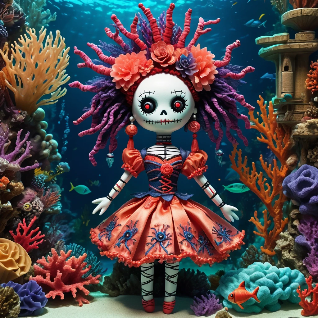 (knitted toy voodoo doll: 1.6), (Voodoo Water Magician: 1.3), (Clothing water dress with sea motifs and coral decorations: 1.0), (on the underwater palace with shimmering seaweed and coral gardens: 1.3), best quality, masterpiece, detailed soft oil painting, detailed background, dramatic cinematic lighting, soft edge lighting, professional, dramatic lighting, hard edge lighting, ultra quality, 4k, masterpiece, best quality, 8k, ultra high definition, high resolution, extremely detailed