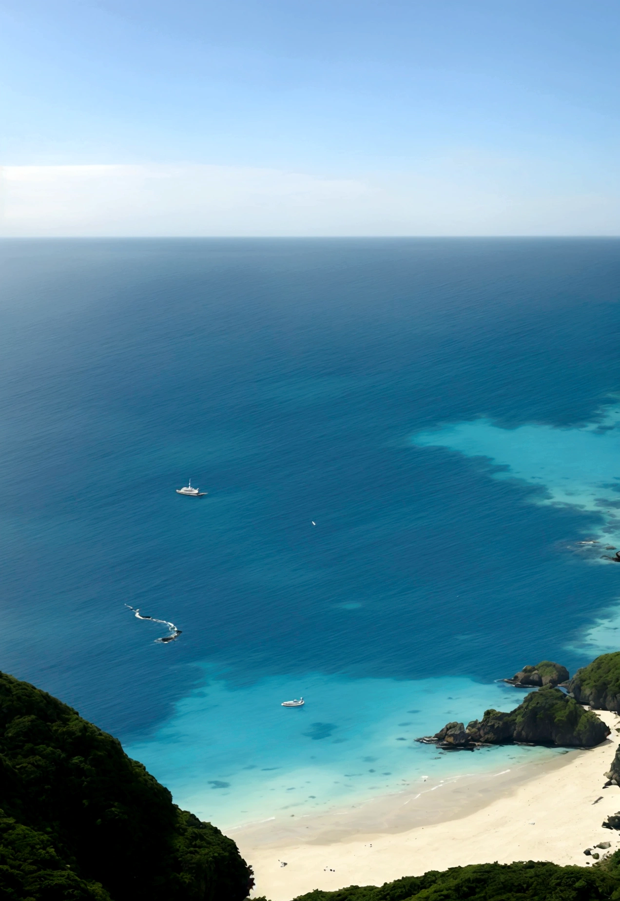 In a realistic style、It depicts a bed in the sea.。There is no one on the bed、A floating bed drifts quietly in the ocean。The blue water of the ocean is transparent、Colorful corals and fishes swim around.。There are white sheets on the bed、There is a blue pillow on it.。Lying on a bed in the sea、You can almost hear the soothing sounds of the waves and the cries of sea creatures.。