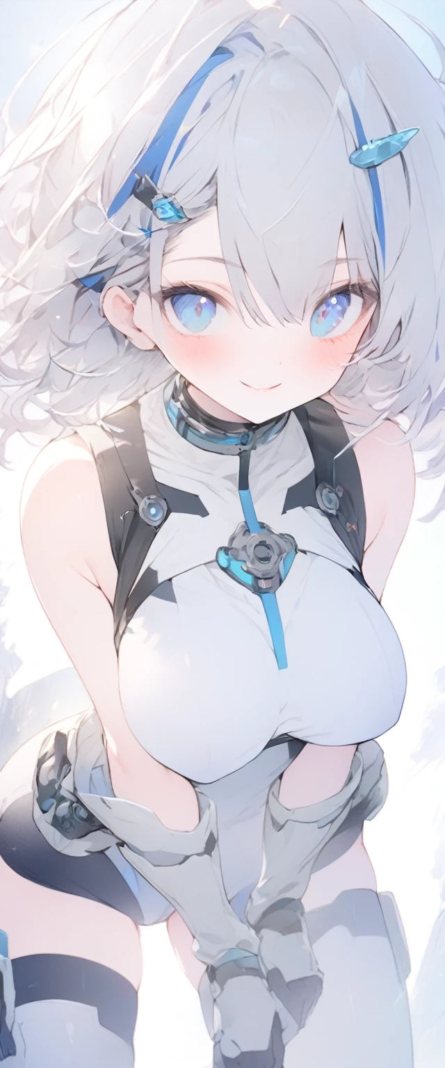 beautiful, masterpiece, Highest quality, anime, One girl, C Cup,Portrait Shot, View your viewers, Covered、Short Hair、nearby、Blue Eyes、art、、White hair,Blue streaked hair、wallpaper、hairpin、Cute smile、Thighs、Sci-fi hair accessories、Sci-fi knee-high boots、Cute、Sci-fi body stockings、blue sky、、Beautiful breasts、Sci-fi full harness