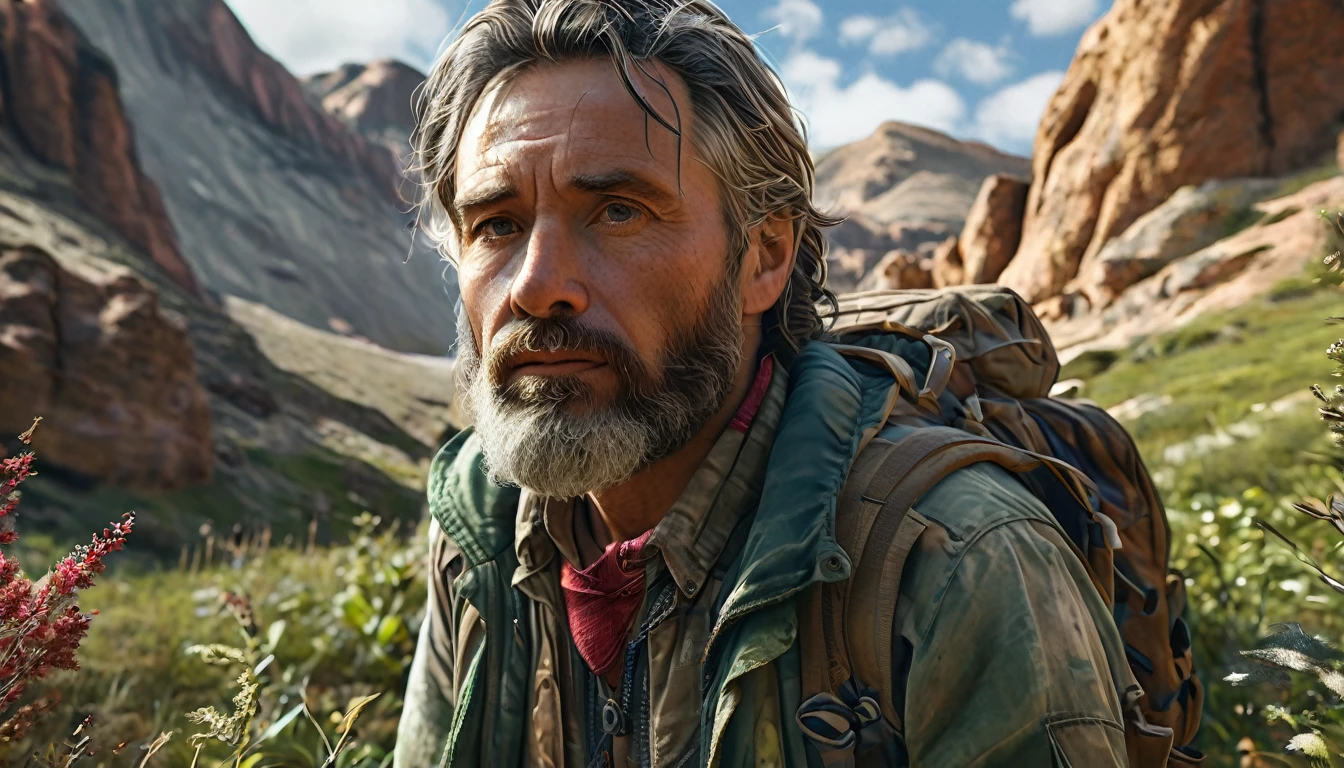 Middle-aged man alone in the wilderness, shabby clothing, full body, wide angle, 4K (man) high resolution, sharp focus, (ultra detailed, highly detailed), (photorealistic artwork: 1.37), (highly detailed CG Unity 8k wallpaper), ((vibrant colors, vibrant theme))), (intricate), (masterpiece), (best quality), art photography, (photo by sldr), (intricate background), perfectly rendered face, perfect facial details, realistic face, photorealistic, ((intricate details)), ((realism))), full body, wide field of view,