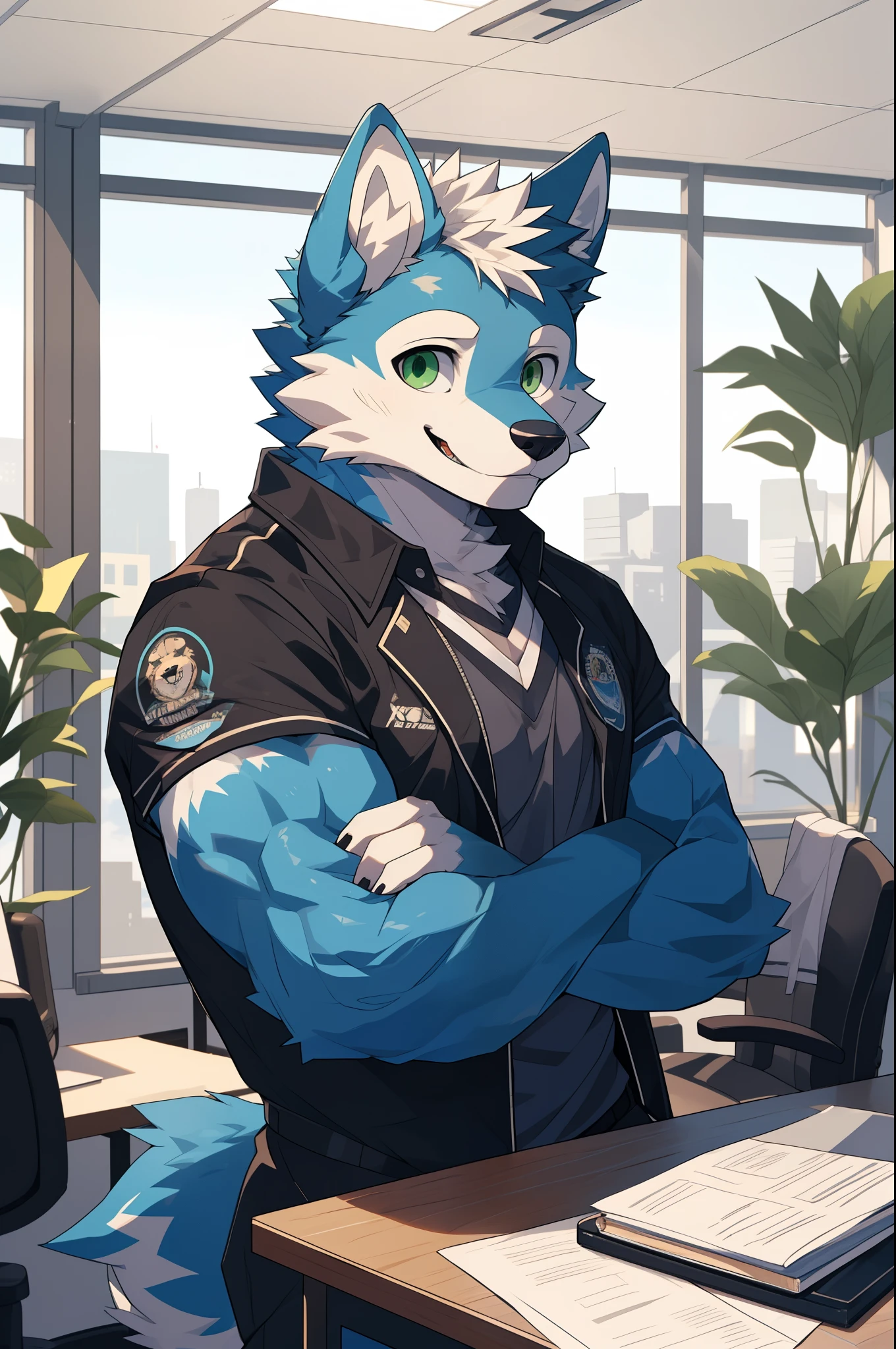 A furry snow leopard wearing a police uniform. He has blue pupils, is semi naked, and eight strong abdominal muscles. He stood straight, with one hand extending forward and the other hand clasping the police cap tightly, showing a happy smile. Behind him is a home full of warmth. CG, complex details