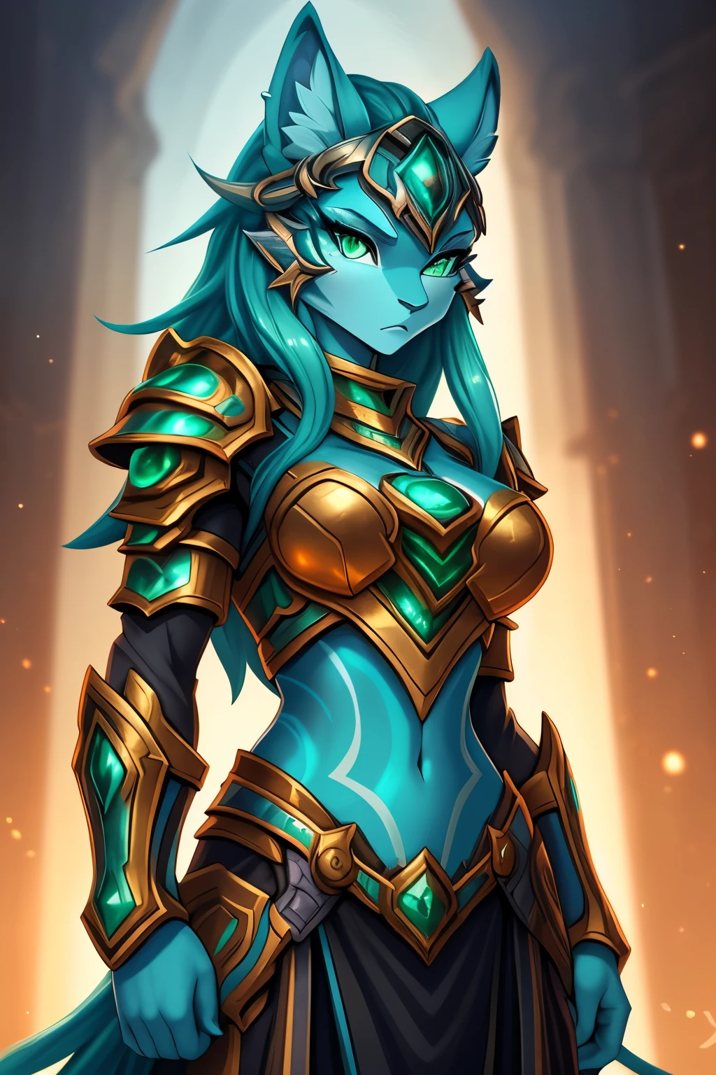 A mesmerizing masterpiece of Hearthstone artwork, featuring an anime-inspired warrior woman. Created by the skilled digital artist, kjbunnie, this captivating piece showcases a woman of strong and alluring beauty. The warrior dons a traditional armored attire, embodying a unique blend of eastern and futuristic aesthetics.
The artwork is presented in a medium close-up shot, focusing on the woman's fierce expression and illuminated by cenematic lighting, casting dramatic shadows across her face and armor. Her piercing, emerald-green eyes gaze confidently and intensely, adding to her aura of power. The artwork is done in