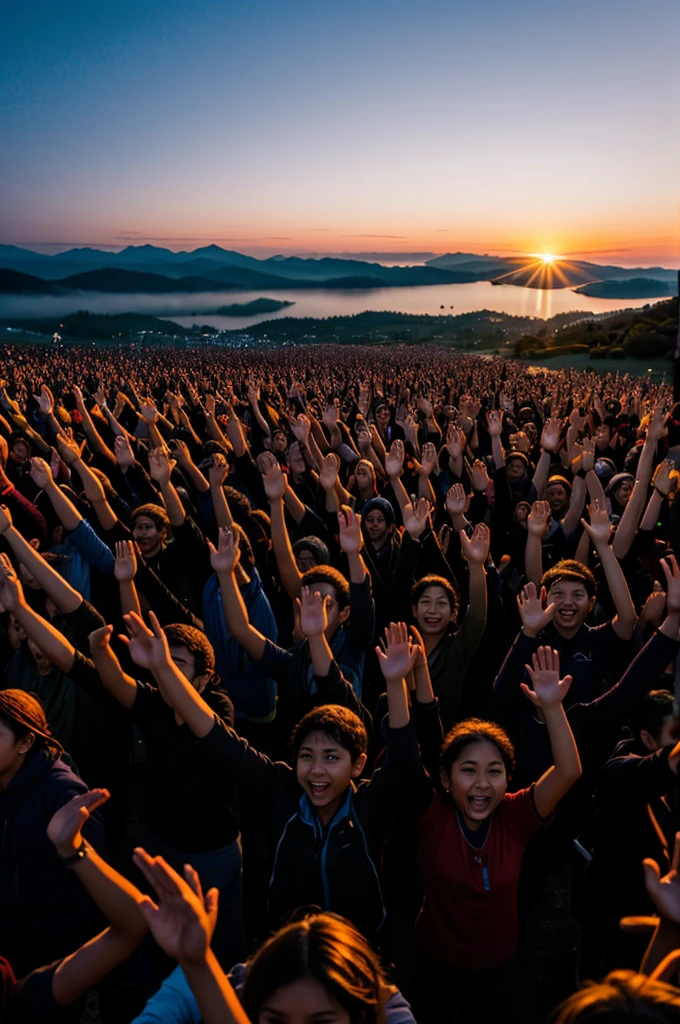 People waiting for sunrise with raised hands 