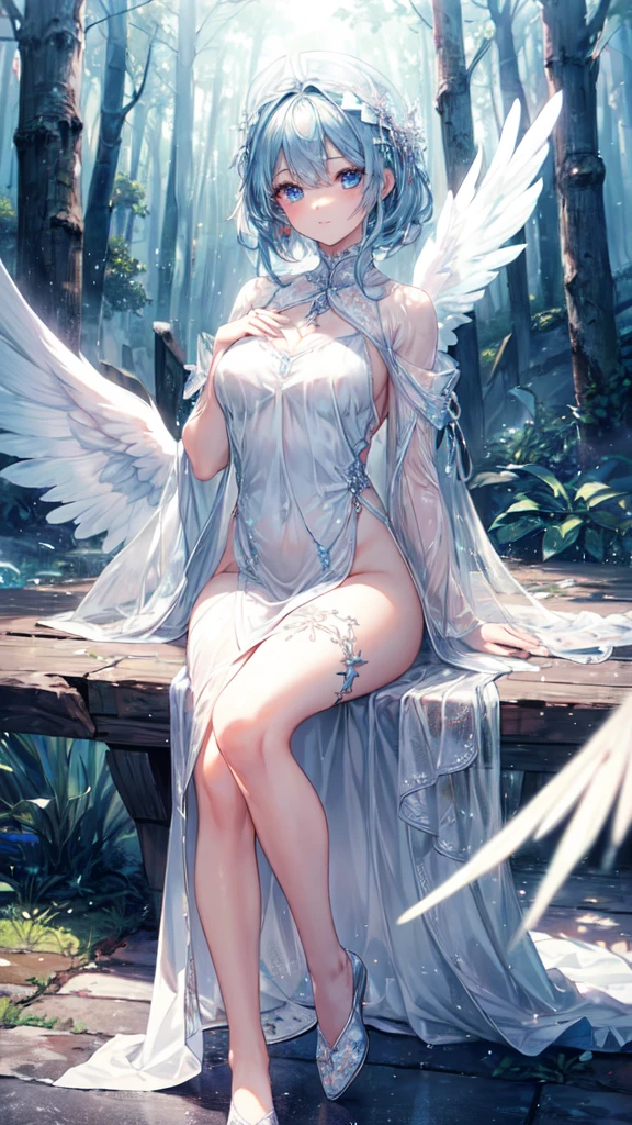 ((masterpiece, sidelighting, finely detailed beautiful eyes: 1.2)), ultra-detailed, ultra high res, professional lighting, high quality makeup, beautiful detailed eyes, sexy, beautiful, big eyes, (drooping eye:1.2), 1girl, solo, alone, slender body, (Circle of Angels:1.1), (Angel Wings:1.1), blue sapphire eyes, wide sleeves, outdoors, forest, full body, highest quality, ultra detailed, Soft light, (rime:1.3), Extremely cute, (extremely detailed beautiful face), Authentic skin texture, beautiful hair, beautiful face, beautiful eyes, beautiful body, beautiful hands