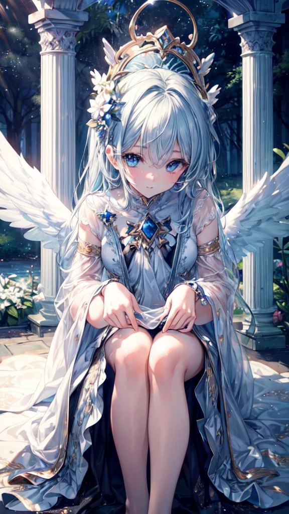 ((masterpiece, sidelighting, finely detailed beautiful eyes: 1.2)), ultra-detailed, ultra high res, professional lighting, high quality makeup, beautiful detailed eyes, sexy, beautiful, big eyes, (drooping eye:1.2), 1girl, solo, alone, slender body, (Circle of Angels:1.1), (Angel Wings:1.1), blue sapphire eyes, wide sleeves, outdoors, forest, full body, highest quality, ultra detailed, Soft light, (rime:1.3), Extremely cute, (extremely detailed beautiful face), Authentic skin texture, beautiful hair, beautiful face, beautiful eyes, beautiful body, beautiful hands