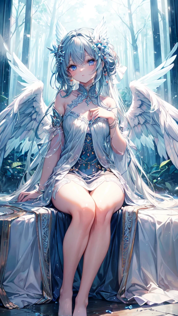 ((masterpiece, sidelighting, finely detailed beautiful eyes: 1.2)), ultra-detailed, ultra high res, professional lighting, high quality makeup, beautiful detailed eyes, sexy, beautiful, big eyes, (drooping eye:1.2), 1girl, solo, alone, slender body, (Circle of Angels:1.1), (Angel Wings:1.1), blue sapphire eyes, wide sleeves, outdoors, forest, full body, highest quality, ultra detailed, Soft light, (rime:1.3), Extremely cute, (extremely detailed beautiful face), Authentic skin texture, beautiful hair, beautiful face, beautiful eyes, beautiful body, beautiful hands
