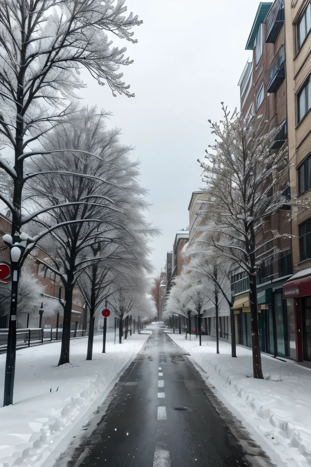 /imagine a landscape with trees covered in frost or snow, or an urban street with a winter touch.