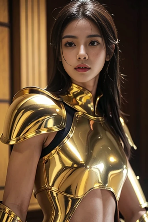 Muscular complexion, Shiny gold armor with pink metalwork くっきり