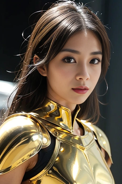 Muscular complexion, Shiny gold armor with pink metalwork くっきり