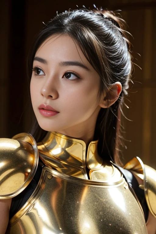 Muscular complexion, Shiny gold armor with pink metalwork くっきり